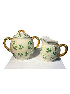 Erin China Creamer & Sugar Bowl Lidded Shamrock Design Bamboo Style Handles Iris